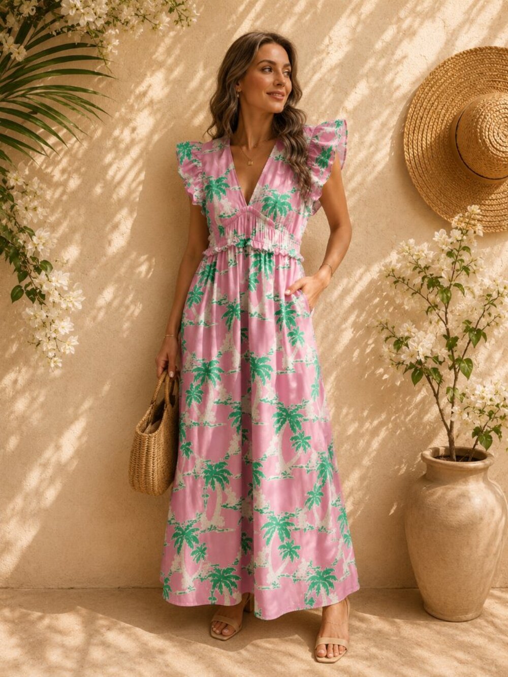 NWT SAIL TO SABLE Flutter Sleeve V-neck Palm Print Midi Dress